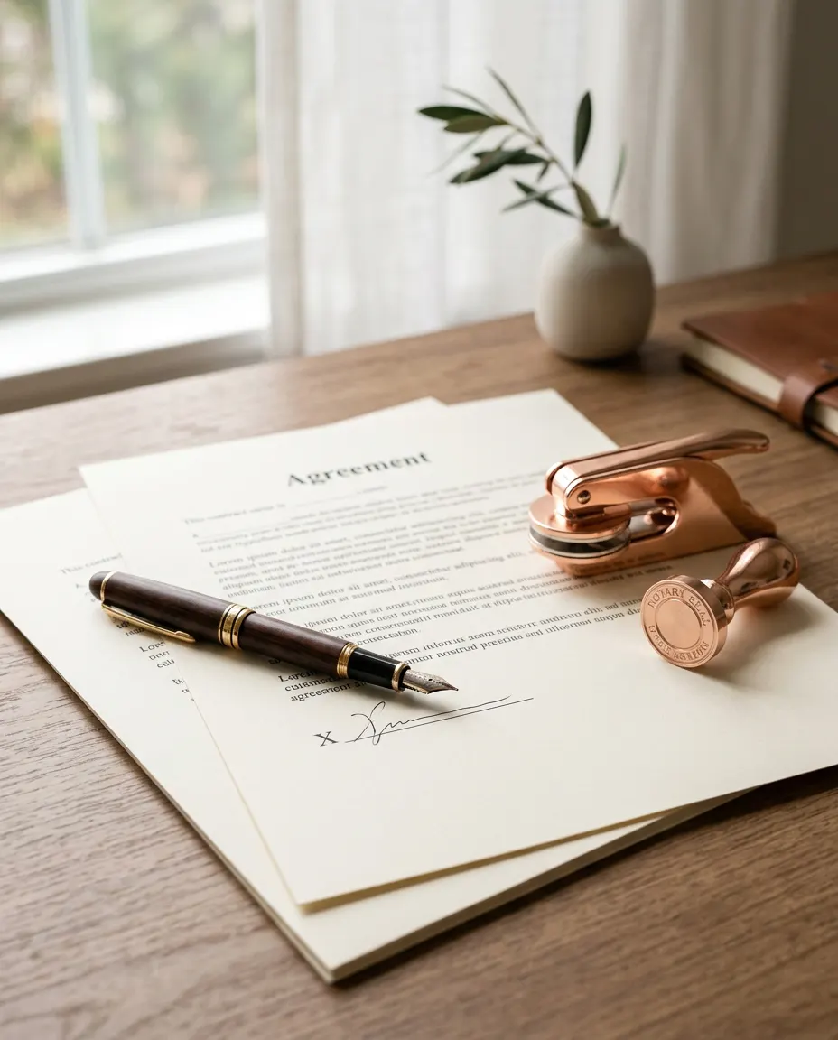Notary documents, fountain pen and rose gold seal on a desk